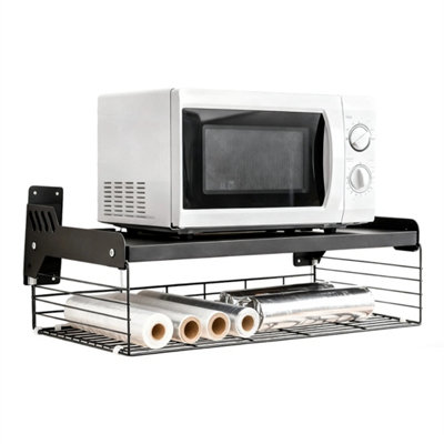  - Wall Mounted Microwave Oven Rack With Storage Basket Heavy Metal Microwave Shelf