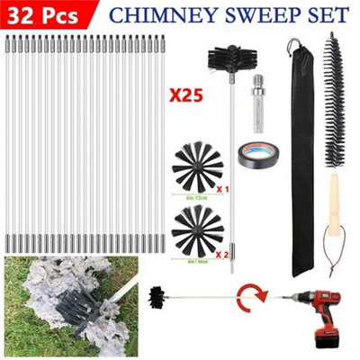 32X Flexible Chimney Sweep Set Flue Sweeping Brush & Rod Kit Soot Cleaning Rods from B&Q