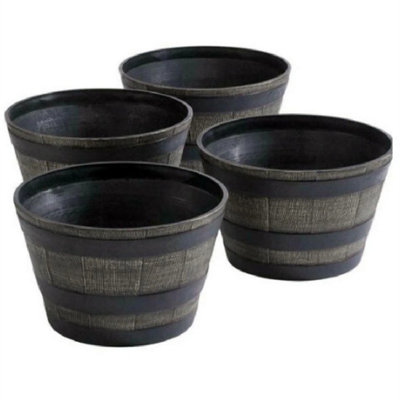  - Round Half Barrel Flower Planter Pot Wooden Oak Effect Outdoor Decoration Garden