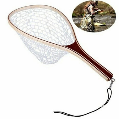 Wooden Handmade Rubber Fly Fishing Trout/salmon Landing NetCoarse Fishing from B&Q