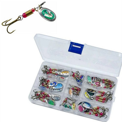 30X Metal Spinners Fishing Lures Sea Trout Pike Perch Salmon Bass Tackle Box Kit from B&Q