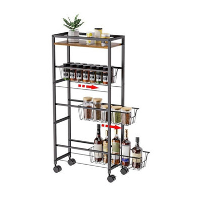 4-Tier Rolling Cart With 3 Drawers Lockable Casters Wooden Top from B&Q
