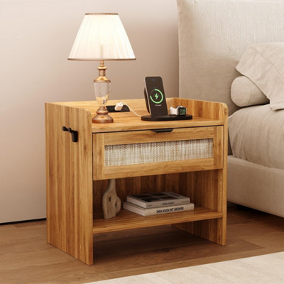 Rattan Nightstand Bedside Table With Charging Station Drawer Storage Shelf from B&Q