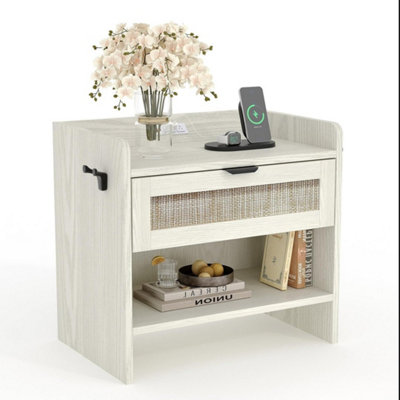 Rattan Nightstand Bedside Table Charging Station Drawer Shelf from B&Q