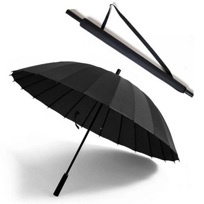24 Ribs Umbrella Classic Large Umbrellas Strong Stormproof Windproof Black from B&Q