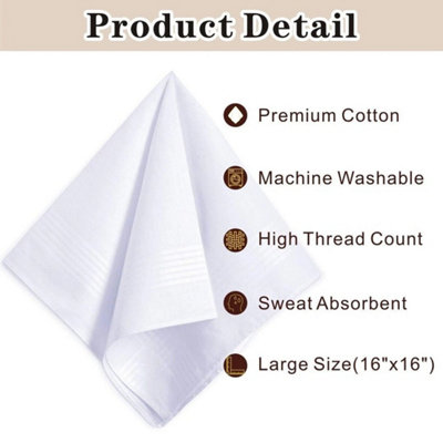  - 12Pcs Mens Large White Square Handkerchief Soft Cotton Hankies Hankerchiefs
