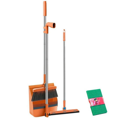  - Orange 3Pcs Long Handled Dustpan And Brush Set Strong Metal Handle Dust Pan & Broom Sweeper