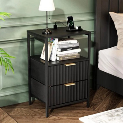  - Bedside Table 2 Drawers Storage Cabinet Nightstand With Charging Station Black