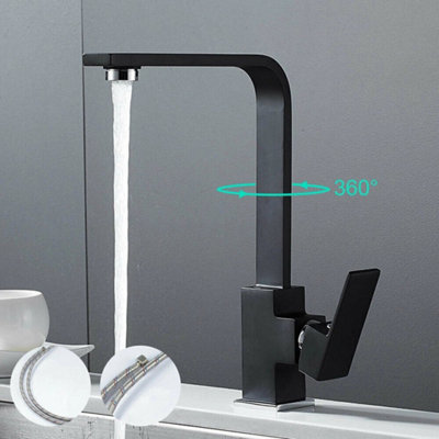  - Kitchen Sink Mixer Taps Swivel Spout Single Lever Tap Mono Modern Faucet Black