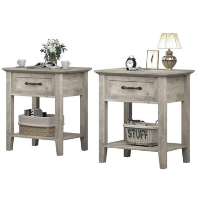  - 2 Tiers Storage Shelves Drawer,wooden Bedside Table,grey 2 Pcs