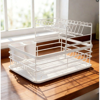 2 Tier Kitchen Sink Dish Drainer Rack With Drip Tray Cutlery Holder Plate Rack
