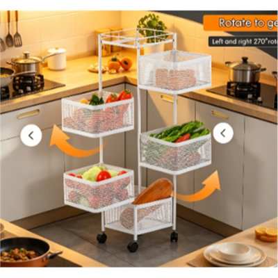 White Vegetable Shelf Rack Tier Mobile Kitchen Utility Rotating Storage 6 Cart Trolley