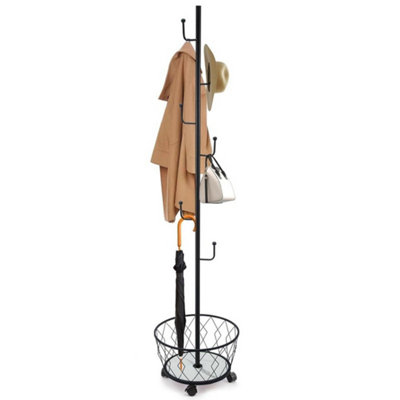  - Freestanding Coat Rack With Umbrella Holder 6Hook Metal Space-Saving Hanger StandBlack