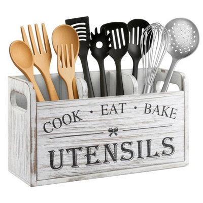  - Wooden Kitchen Utensil Holder Large Utensil Organiser Storage Rack Cutlery BoxWhite
