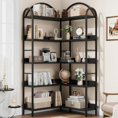 Arched Corner Bookshelf Wood & Metal Bookcase For Home Office