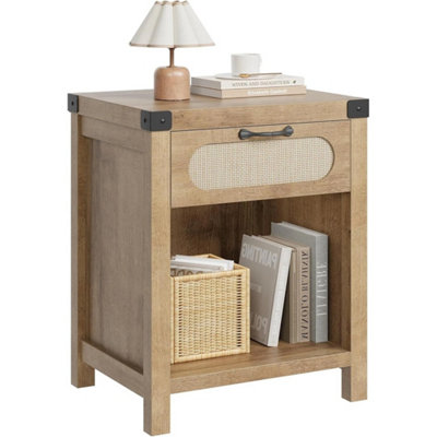  - Boho Farmhouse Rattan Bedside Table Compact Side Table With Drawer Shelf
