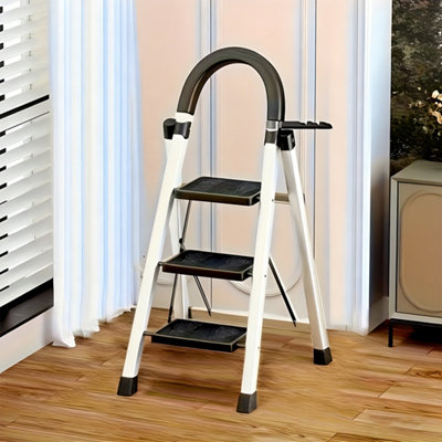  - 3-Step Folding Ladder Handrail Non-Slip Steps Wide Base For Home