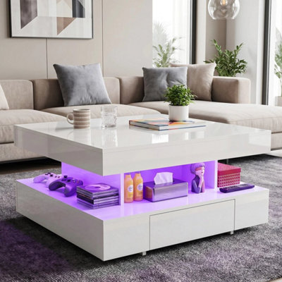  - 2 Tier Square High Gloss Led Coffee Table With 2 Drawers  Centre Table