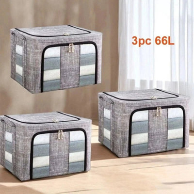  - 3Pcs 66L Folding Storage Box Made Of Thick Fabric Steel Frame Wardrobe Organizer