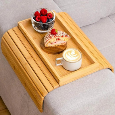  - Natural Bamboo Wood Foldable Arm Rest Organiser Tray Bamboo Chair Settee Couch Sofa Control Holder