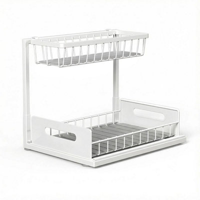 White Under Sink Organizer 2 Tier Pull Out Cabinet Baskets With Mesh Sliding Drawers from B&Q