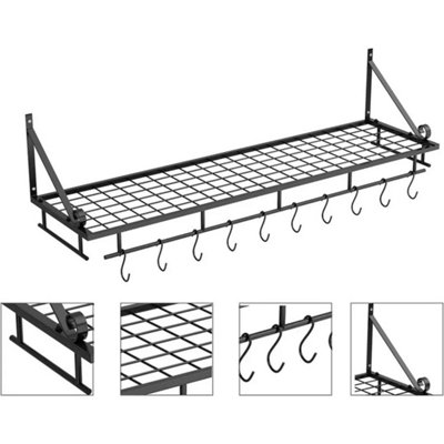 B&Q Black Metal 62 Cm Kitchen Cooking Pot Rack Wall Mounted Shelf With 10 Hooks