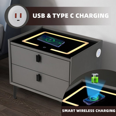  - Led Bedside Table 2 Drawers Wireless Charging Nightstand Cabinet Storage Modern