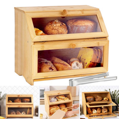  - Double Layer Bamboo Wooden Bread Box Storage Container For Countertop