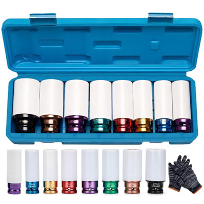  - 8Pcs Drive Alloy Wheel Nut Thin Wall Deep Impact Socket Set