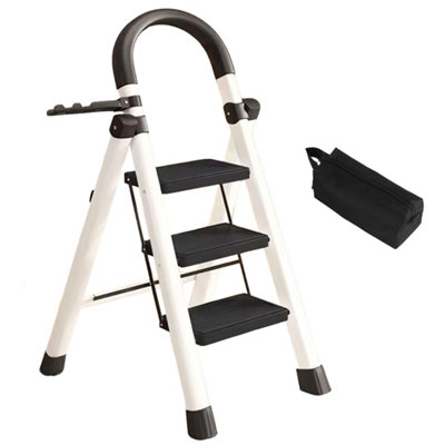  - 3-Step Folding Ladder Handrail Non-Slip Steps Wide Base For Home