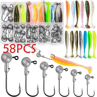 58Pcs Lure Drop Shot Set Jig Lead Head Hook Soft Worm Tail Pike Perch from B&Q