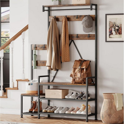  - Coat Rack Hall Tree Bench Hook Shoe Storage Coat Storage Brown