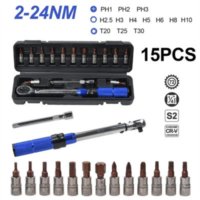 15Pcs 1/4" Drive Bike Torque Wrench Set 2-24 Nm Mtb Bicycle Tool Kit Torx Sockets Bar