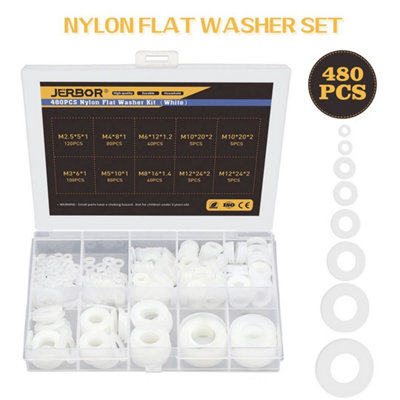 480Pcs White Plastic Washers Flat Nylon Washer Assorted Washer Seals M2.5-M12 from B&Q