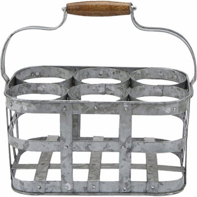  - Galvanised Milk Bottle Holder 6 Carrier Rack Wooden Handle Retro Drinks Caddy