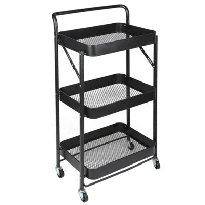  - Black 3-Tier-Folding Trolley Cart Storage Rack