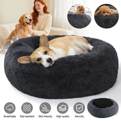  - Pet Cat Dog Donut Bed Round Calming Fluffy Anti Anxiety Washable 60 60 20Cm