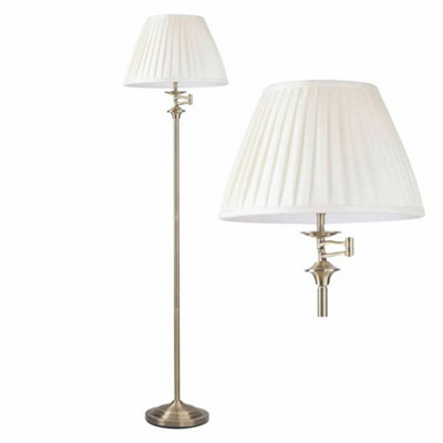  - Antique Brass Swing Arm Floor Lamp With White Pleated Shade