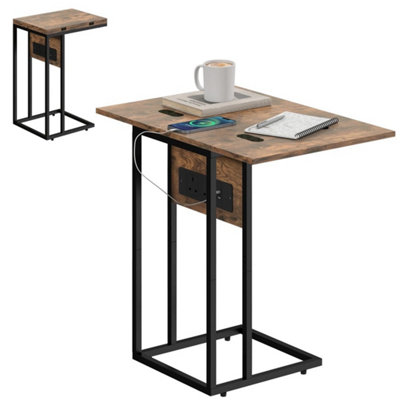 C-Shaped Side Table With Charging Station & Foldable Top
