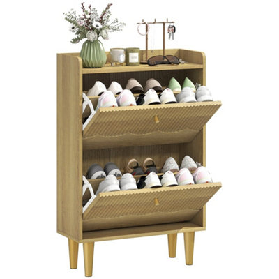  - Oak Narrow Shoe Cabinet With 2 Flip Drawers