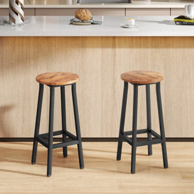  - Set Of 2 Rustic Brown Industrial Bar Stools With Footrest