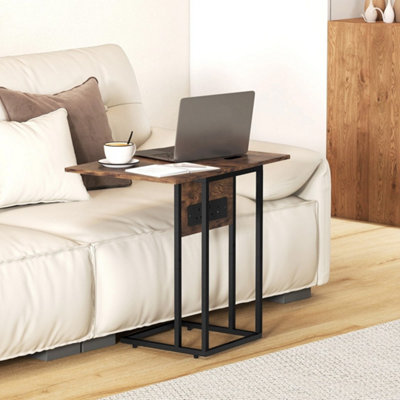 Rustic Brown C-Shaped Side Table With Charging Station Foldable Top from B&Q