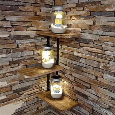 3-Tier Rustic Floating Wall Shelves Mounted Wood Ladder Corner Rack