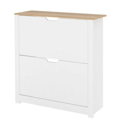  - White Narrow Shoe Cabinet With Flip Drawers
