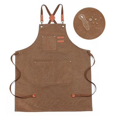  - Brown Kitchen Cooking Bbq Plain Denim Canvas Pocket Apron Butcher Crafts Baking Chefs