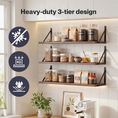 Floating Shelves Wall Wood Rustic With Brackets Vintage Brown Set Of 3 from B&Q