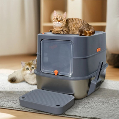 Stainless Steel Cat Litter Box  Lid Enclosed Removable Litter Tray Big Pan from B&Q