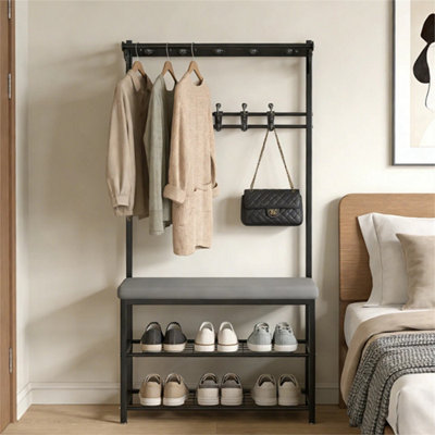 Black Entryway Hallway Coat Hanger Hooks Stand & Shoe Bench Storage Display Rack Unit from B&Q