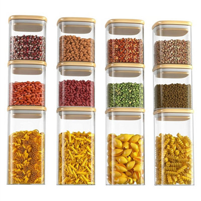  - 12Pcs Square Glass Storage Jars Airtight Bamboo Lid Canisters