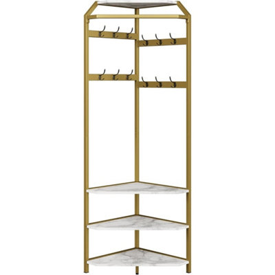  - Corner Coat Rack Hall Tree Shoe Bench Entryway 3-Tier Shelf 12 Hook Gold